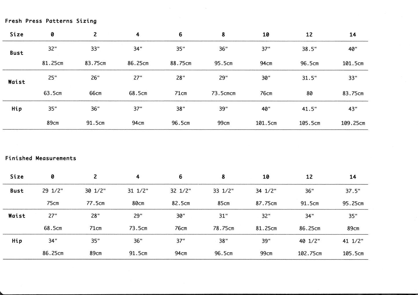 Fresh Press Patterns Size chart