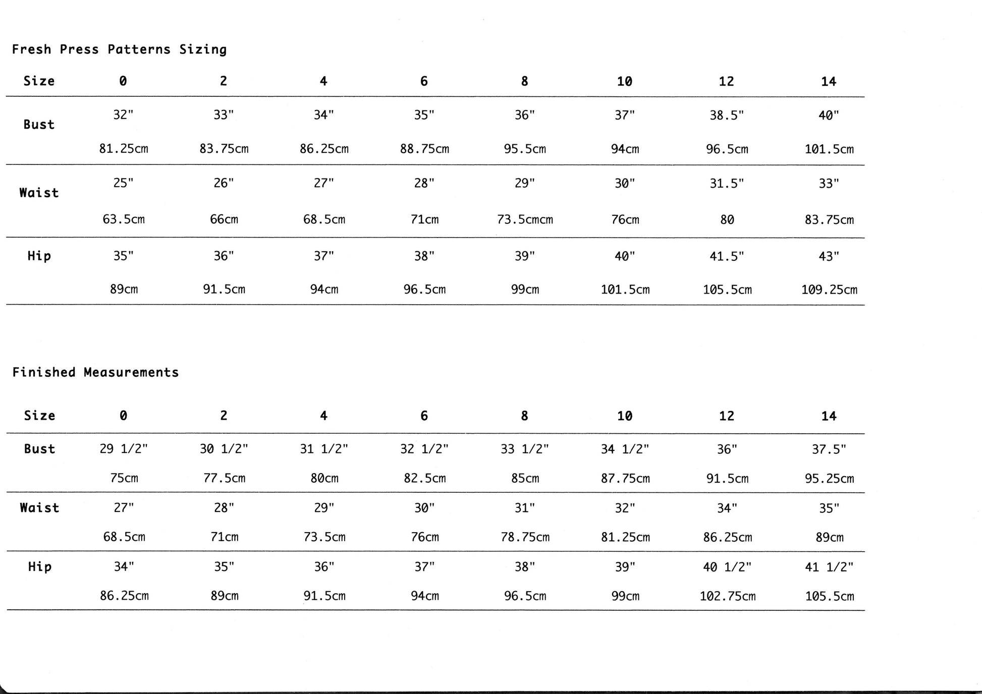 Fresh Press Patterns Size chart